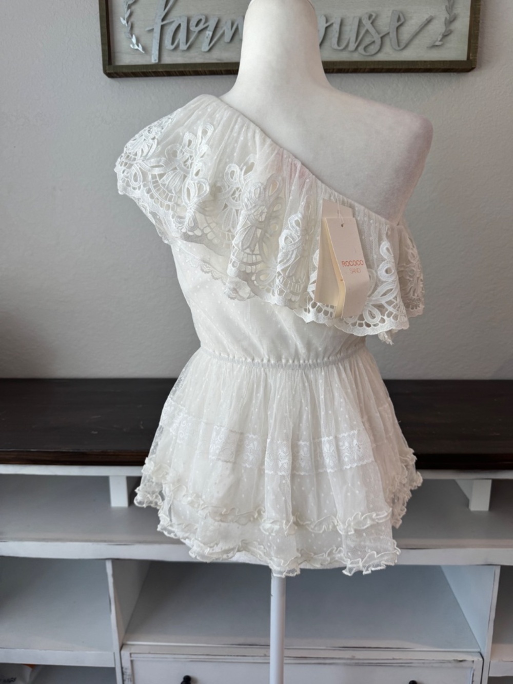 NWT Rococo Sand Ame Off White One Shoulder‎ Lace Ruffle Top Size S BB - Picture 3 of 8